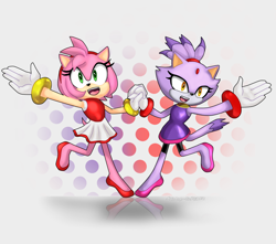 Size: 1020x900 | Tagged: safe, artist:kime-cupcake, amy rose, blaze the cat, cat, hedgehog, 2015, amy x blaze, cute, female, females only, gymnastic outfit, holding hands, lesbian, mario & sonic at the olympic games, shipping