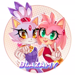 Size: 1934x1925 | Tagged: safe, artist:red-ginger, amy rose, blaze the cat, cat, hedgehog, 2021, amy x blaze, amy's halterneck dress, blaze's tailcoat, cute, female, females only, heart, lesbian, looking at viewer, peace sign, shipping