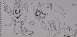Size: 2048x984 | Tagged: safe, artist:misscrazyship, miles "tails" prower, sonic the hedgehog, 2023, blushing, character name, duo, english text, gay, heart, lidded eyes, looking at them, looking up, shipping, simp, smile, sonic x tails, traditional media, wagging tail