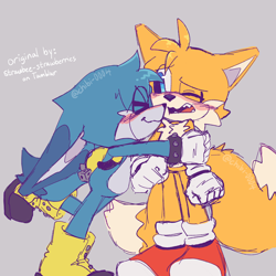 Size: 2048x2048 | Tagged: dead source, safe, artist:chibi-0004, kit the fennec, miles "tails" prower, 2023, blushing, cute, duo, english text, eyes closed, gay, grey background, hugging, kitabetes, kitails, looking at them, mouth open, one eye closed, personality swap, redraw, shipping, simple background, smile, standing, tailabetes