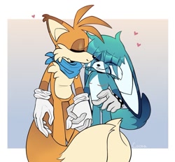 Size: 1117x1037 | Tagged: safe, artist:cloudycocoa, kit the fennec, miles "tails" prower, 2023, adult, bandana, border, cute, dawww, duo, eye clipping through hair, eyes closed, gay, gradient background, heart, holding hands, kiss on cheek, kitabetes, kitails, older, shipping, smile, standing, tailabetes, top surgery scars, trans male, transgender