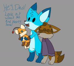 Size: 1301x1163 | Tagged: safe, artist:strawbee-strawberries, tails doll, oc, oc:harper the fennec, oc:tide the fennec, child, cute, dialogue, english text, fankid, fennec, grey background, hair over eyes, holding something, looking offscreen, magical gay spawn, male, nonbinary, ocbetes, parent:kit, parent:tails, parents:kittails, simple background, trio, two tails