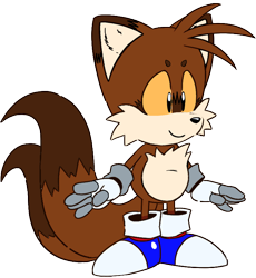 Size: 960x1045 | Tagged: safe, miles "tails" prower, sonic mania adventures, 2023, anonymous artist, beanbrows, blue shoes, brown fur, ear fluff, electrical gloves, mobius.social exclusive, redesign, simple background, smile, solo, transparent background, yellow sclera