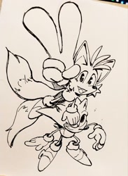 Size: 1498x2048 | Tagged: safe, artist:studioboner, miles "tails" prower, sonic the hedgehog, duo, hand on another's head, inkwork, looking up at viewer, mouth open, one eye closed, smile, standing, traditional media, v sign