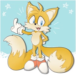 Size: 1053x1053 | Tagged: safe, artist:sonicku, miles "tails" prower, sonic rush adventure, :3, abstract background, cute, mouth open, outline, posing, smile, solo, standing, star (symbol), tailabetes