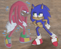 Size: 2048x1637 | Tagged: safe, artist:sonicku, knuckles the echidna, sonic the hedgehog, sonic frontiers, abstract background, blushing, duo, gay, glitch, hands on hips, knuxonic, lidded eyes, looking at each other, redraw, shipping, smile, standing, top surgery scars, trans male, transgender