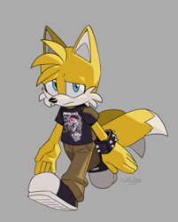 Size: 1143x1422 | Tagged: safe, artist:catrage_miau, miles "tails" prower, alternate outfit, alternate shoes, black shoes, bracelet, branded clothes, frown, gloves off, grey background, logo, looking at viewer, metallica, pants, shirt, signature, simple background, solo, spiked bracelet, walking, words on a shirt