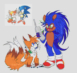 Size: 1724x1625 | Tagged: safe, artist:zzcarnotauro, miles "tails" prower, sonic the hedgehog, alternate universe, bandaid, bandaid over nose, claws, crouching, duo, grey background, holding something, paws, redraw, reference inset, simple background, smile, standing, telephone