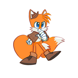 Size: 1500x1500 | Tagged: safe, artist:fullcaps-ethan, miles "tails" prower, the murder of sonic the hedgehog, cute, hat, looking ahead, poncho, simple background, smile, solo, standing on one leg, tailabetes, white background