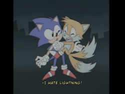 Size: 1728x1296 | Tagged: safe, artist:graveyardvideo, miles "tails" prower, sonic the hedgehog, sonic the ova, abstract background, astraphobia, border, dialogue, duo, english text, holding them, mouth open, redraw, scared, standing