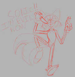 Size: 962x988 | Tagged: safe, artist:starry-eyed-dr, miles "tails" prower, dialogue, english text, evil, evil tails, grey background, gun, holding something, knife, line art, mouth open, simple background, sketch, solo, this will end in injury and/or death