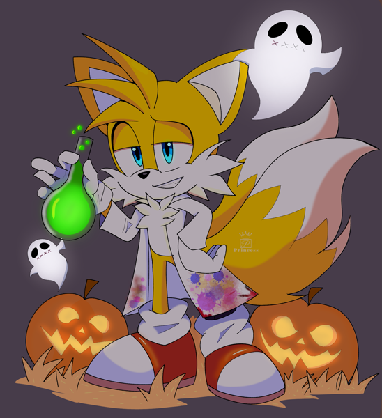 Size: 1869x2048 | Tagged: safe, artist:princess401, miles "tails" prower, 2023, featured image, ghost, grass, grey background, halloween, hand on hip, holding something, jack o'lantern, lab coat, lidded eyes, liquid, looking at viewer, signature, simple background, smile, solo, stain, standing