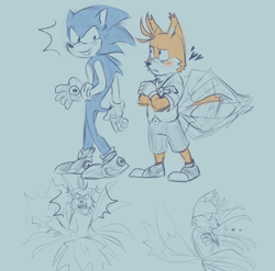 Size: 2048x2025 | Tagged: safe, artist:shuicoke, miles "tails" prower, nine, sonic the hedgehog, sonic prime, ..., angry, arms folded, blushing, duo, frown, heart, looking at them, looking offscreen, simple background, sketch, smile, standing, turquoise background