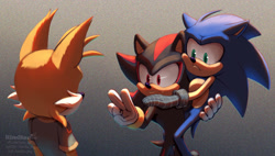 Size: 2048x1167 | Tagged: safe, artist:himitsu_png, miles "tails" prower, nine, shadow the hedgehog, sonic the hedgehog, sonic prime, sonic prime s2, carrying them, frown, gay, gradient background, looking at each other, meme, shadow x sonic, shipping, signature, standing, trio, v sign