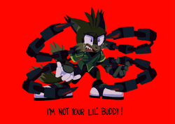 Size: 2047x1448 | Tagged: safe, artist:bolipancito, miles "tails" prower, nine, sonic prime, crying, dialogue, english text, looking ahead, mouth open, red background, sharp teeth, simple background, solo, standing, tears, tears of anger