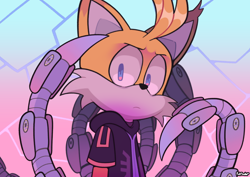 Size: 2048x1448 | Tagged: safe, artist:pinksodaeve, miles "tails" prower, nine, sonic prime, sonic prime s2, 2023, abstract background, frown, looking at viewer, solo, standing