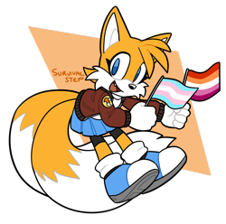 Size: 1166x1158 | Tagged: dead source, safe, artist:survivalstep, miles "tails" prower, fox, aviator jacket, featured image, flag, gender swap, holding something, lesbian pride, one fang, pride, semi-transparent background, solo, trans female, trans girl tails, trans pride, transgender