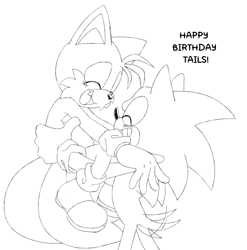 Size: 1826x1848 | Tagged: safe, artist:la_gata_golosa_, miles "tails" prower, sonic the hedgehog, 2023, birthday, blushing, cute, duo, english text, eyes closed, gay, lifting them, line art, mouth open, one fang, shipping, simple background, smile, sonabetes, sonic x tails, standing, tailabetes, wagging tail, white background