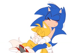 Size: 1024x768 | Tagged: safe, artist:giaoux, miles "tails" prower, sonic the hedgehog, 2023, blushing, cute, duo, gay, hugging from behind, shipping, signature, simple background, sleeping, sonic x tails, sweatdrop, white background