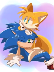 Size: 768x1024 | Tagged: safe, artist:giaoux, miles "tails" prower, sonic the hedgehog, 2023, abstract background, blushing, cute, duo, floppy ears, frown, gay, leaning on them, lidded eyes, one eye closed, pout, shipping, sitting, sonic x tails, sweatdrop