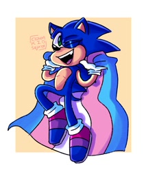 Size: 1700x2000 | Tagged: safe, artist:clownkidsquid, sonic the hedgehog, 2021, bisexual, bisexual pride, border, holding something, pride, pride flag, signature, simple background, smile, solo, top surgery scars, trans male, trans pride, transgender, wink, yellow background