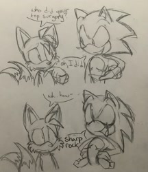 Size: 1771x2048 | Tagged: safe, artist:martinc0re, miles "tails" prower, sonic the hedgehog, 2023, alternate version, clenched teeth, dialogue, duo, english text, eye twitch, eyes closed, pencilwork, sketch, smile, top surgery scars, traditional media, trans male, transgender