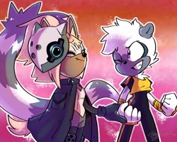 Size: 2048x1638 | Tagged: safe, artist:salomesoubielle, tangle the lemur, whisper the wolf, 2023, duo, eyes closed, holding hands, lesbian, lesbian pride, looking at them, outline, pride, pride flag background, redraw, shipping, smile, tangle x whisper