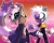 Size: 2048x1638 | Tagged: safe, artist:salomesoubielle, tangle the lemur, whisper the wolf, 2023, duo, eyes closed, holding hands, lesbian, lesbian pride, looking at them, outline, pride, pride flag background, redraw, shipping, smile, tangle x whisper, white outline