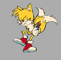 Size: 891x867 | Tagged: safe, artist:fryologyyy, miles "tails" prower, 2022, grey background, gun, holding something, lidded eyes, looking offscreen, simple background, smile, solo, sparkle