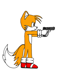 Size: 1378x1378 | Tagged: safe, artist:thesimposter, miles "tails" prower, 2020, frown, gun, holding something, looking offscreen, simple background, solo, standing, too cute to be taken seriously, white background