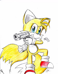 Size: 1024x1300 | Tagged: safe, artist:eros-aristoteles-art, miles "tails" prower, 2013, character name, clenched teeth, gun, holding something, looking at viewer, signature, solo, traditional media