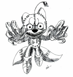 Size: 1024x1082 | Tagged: safe, artist:eros-aristoteles-art, tails doll, 2015, claws, deviantart watermark, looking at viewer, nightmare fuel, sharp teeth, signature, smile, solo, this won't end well, traditional media, watermark, wide smile