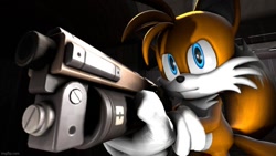 Size: 888x500 | Tagged: safe, artist:thehashaq, miles "tails" prower, 2023, 3d, :|, gun, holding something, looking ahead, solo