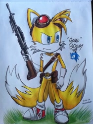 Size: 720x960 | Tagged: safe, artist:emichaca, miles "tails" prower, 2015, frown, grass, gun, holding something, looking ahead, signature, sniper rifle, solo, sonic boom (tv), standing, traditional media