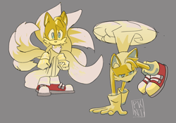 Size: 1738x1214 | Tagged: safe, artist:pharmakontent, miles "tails" prower, 2023, flying, grey background, handstand, kitsune, looking at viewer, looking offscreen, signature, simple background, spinning tails, standing