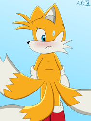 Size: 3000x4000 | Tagged: safe, artist:andtails1, miles "tails" prower, back view, blushing, frown, gradient background, looking at something, signature, solo, sonic x style, standing, sweatdrop, three tails