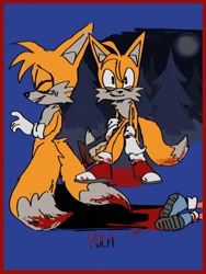 Size: 736x981 | Tagged: semi-grimdark, artist:yulayumeno, miles "tails" prower, abstract background, axe, blood, blood stain, border, corpse, death, evil, evil tails, holding something, moon, murder, nighttime, outdoors, signature, smile, standing, tree