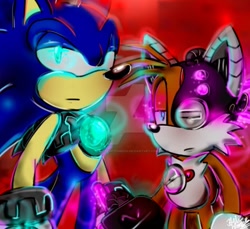 Size: 735x674 | Tagged: dead source, safe, artist:janielemire, miles "tails" prower, sonic the hedgehog, :|, abstract background, alternate ending, cyborg, deviantart watermark, duo, glowing eyes, lidded eyes, obtrusive watermark, partially roboticized, sonic lost world, standing, watermark