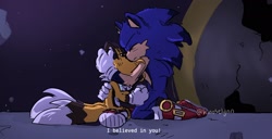 Size: 1898x973 | Tagged: safe, artist:kinoselynn, miles "tails" prower, sonic the hedgehog, 2022, abstract background, clenched teeth, crying, dialogue, english text, frown, holding each other, kneeling, redraw, sad, signature, sonic x, tears, tears of sadness