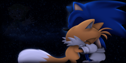 Size: 4981x2487 | Tagged: safe, artist:danielvieirabr2020, miles "tails" prower, sonic the hedgehog, 2021, abstract background, clenched teeth, crying, duo, eyes closed, holding them, lineless, redraw, sad, sonic x, standing, tears, tears of sadness