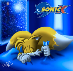 Size: 600x584 | Tagged: safe, artist:cicakkia, miles "tails" prower, 2009, bed, clenched teeth, crying, eyes closed, floppy ears, holding something, indoors, logo, lying on front, moon, nighttime, signature, solo, sonic x, star (sky), tears, tears of sadness