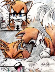 Size: 787x1025 | Tagged: safe, artist:wolf-requiem, miles "tails" prower, 2008, clenched teeth, crying, eyes closed, looking ahead, looking down, mouth open, sad, signature, solo, sonic x, tears, tears of sadness, traditional media