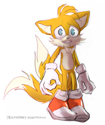 Size: 682x812 | Tagged: safe, artist:korrenraa, miles "tails" prower, 2013, looking ahead, nervous, signature, simple background, smile, standing, white background