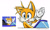 Size: 1616x978 | Tagged: safe, artist:candycatstuffs, miles "tails" prower, bust, looking ahead, mouth open, one fang, redraw, reference inset, signature, simple background, smile, solo, sonic x, tornado ii, waving, white background