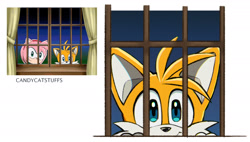 Size: 2048x1160 | Tagged: safe, artist:candycatstuffs, miles "tails" prower, cute, outdoors, redraw, reference inset, signature, simple background, smile, solo, sonic x, tailabetes, white background, window