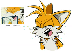 Size: 1604x1160 | Tagged: safe, artist:candycatstuffs, miles "tails" prower, bust, crying, eyes closed, mouth open, one fang, redraw, reference inset, signature, simple background, solo, sonic x, tears, tears of sadness, white background