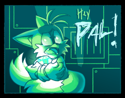Size: 1010x792 | Tagged: safe, artist:candycatstuffs, miles "tails" prower, abstract background, border, chaos emerald, crying, dialogue, english text, floppy ears, holding something, limited palette, looking up, mouth open, offscreen character, shrunken pupils, solo, standing, tears, tears of fear