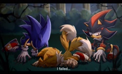 Size: 2044x1252 | Tagged: semi-grimdark, artist:atrixatr, miles "tails" prower, shadow the hedgehog, sonic the hedgehog, 2023, abstract background, all fours, bush, corpse, death, dialogue, english text, eyes closed, forest, frown, grass, injured, kneeling, lying on front, metallix vs dark sonic (youtube), outdoors, redraw, sad, scratch (injury), tree, trio