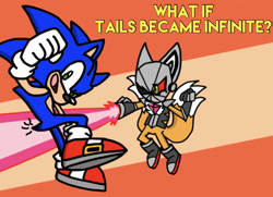 Size: 1016x737 | Tagged: safe, artist:13comicfan, miles "tails" prower, sonic the hedgehog, sonic forces, 2023, abstract background, alternate universe, duo, english text, fight, infinite tails, infinite's mask, lazer beam, looking at viewer, mid-air, mouth open, phantom ruby