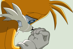 Size: 1798x1201 | Tagged: safe, artist:stephen-fisher, miles "tails" prower, 2023, clenched teeth, crying, edit, lidded eyes, looking down, sad, simple background, solo, sonic x, tears, tears of sadness